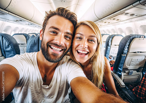 Happy young couple taking a selfie in an airplane. Travel and tourism concept. © Graphic Dude