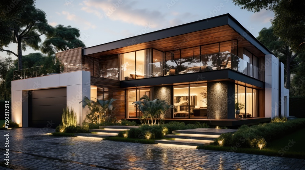 Modern white house with large windows, garage, and lush green trees. Modern white house with large windows, garage, and lush green trees.
