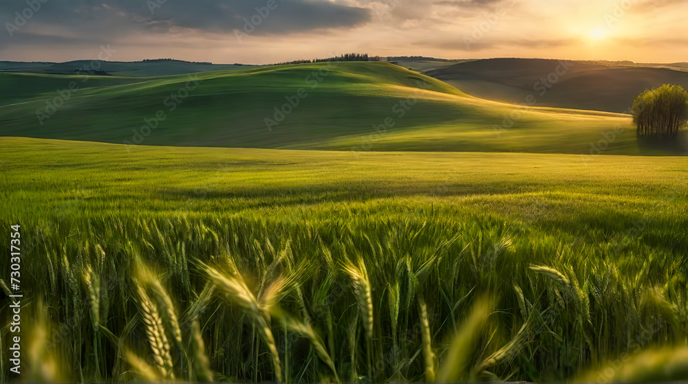 Green cereal on a grain field in spring. Generated AI