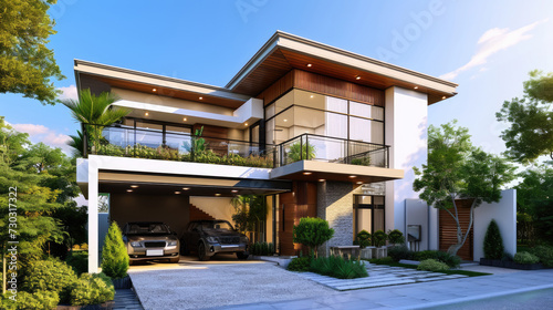 Modern white house with large windows, garage, and lush green trees. © Thanaphon