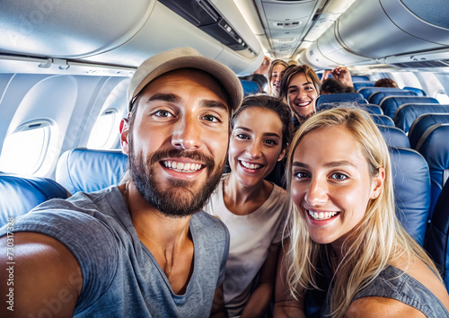 Group of happy friends taking selfie in airplane. Travel and tourism concept