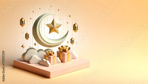 3D Ramadan Kareem celebration background illustration with a crescent moon, hanging lanterns, stars, clouds, and a beautifully wrapped gift. photo