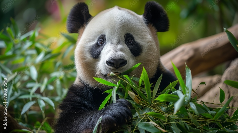 A panda feasts on bamboo leaves, showcasing its voracious appetite A panda feasts on bamboo leaves, showcasing its voracious appetite