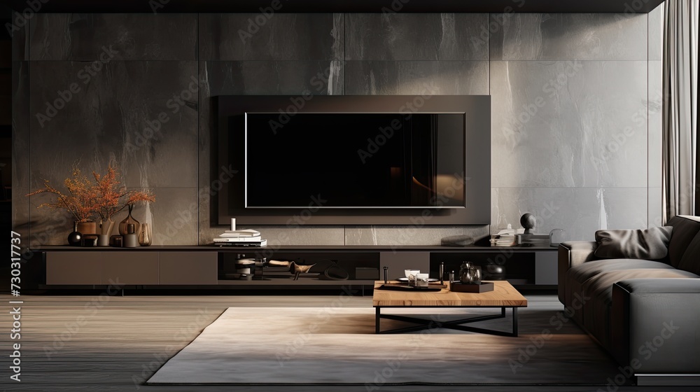 Black TV in a modern interior, minimalism concept of apartment Black TV in a modern interior, minimalism concept of apartment