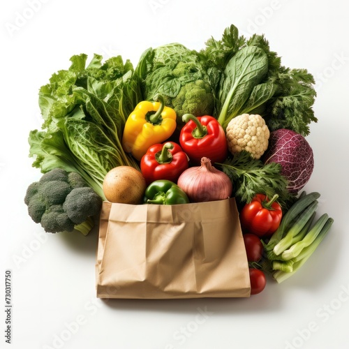 Grocery bag with vegetables isolated on white background. Vivid grocery Illustration for sale  package  cutout minimal shopping concept.