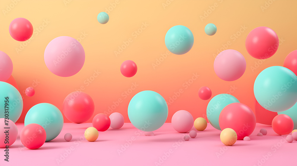 Floating pastel colors spheres 3d rendering with empty space for product show on mint background	
