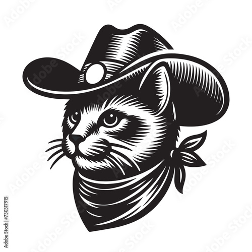 Cowboy cat. In a cowboy hat. portrait. Wild West. Engraving illustration, logo, emblem, icon, isolated object.
Black and white color