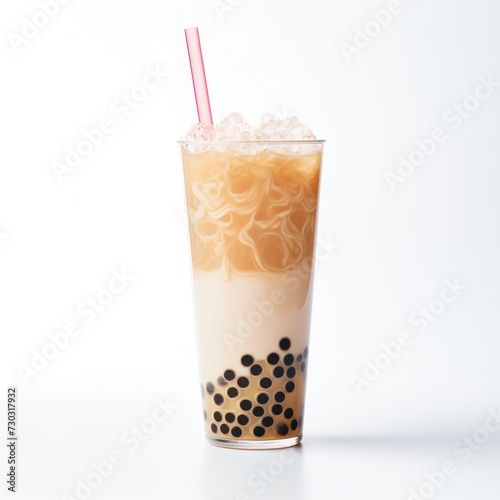 Bubble milk tea boba with delicious tapioca cutout minimal isolated on white background. Realistic 3d illustration bubble tea, icon, detailed.