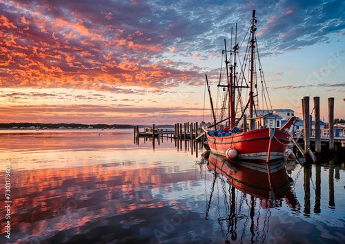 Fishing boats in the harbor at sunset, Holland, Netherlands.
