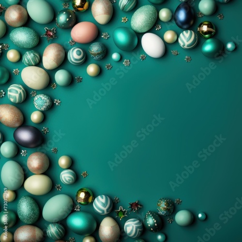 Green background with colorful easter eggs round frame texture 