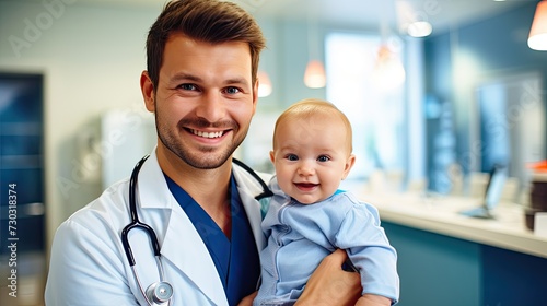 Baby seeing the doctor. smiling male doctor with baby at hospital or medical clinic. healthcare and pediatrics concept