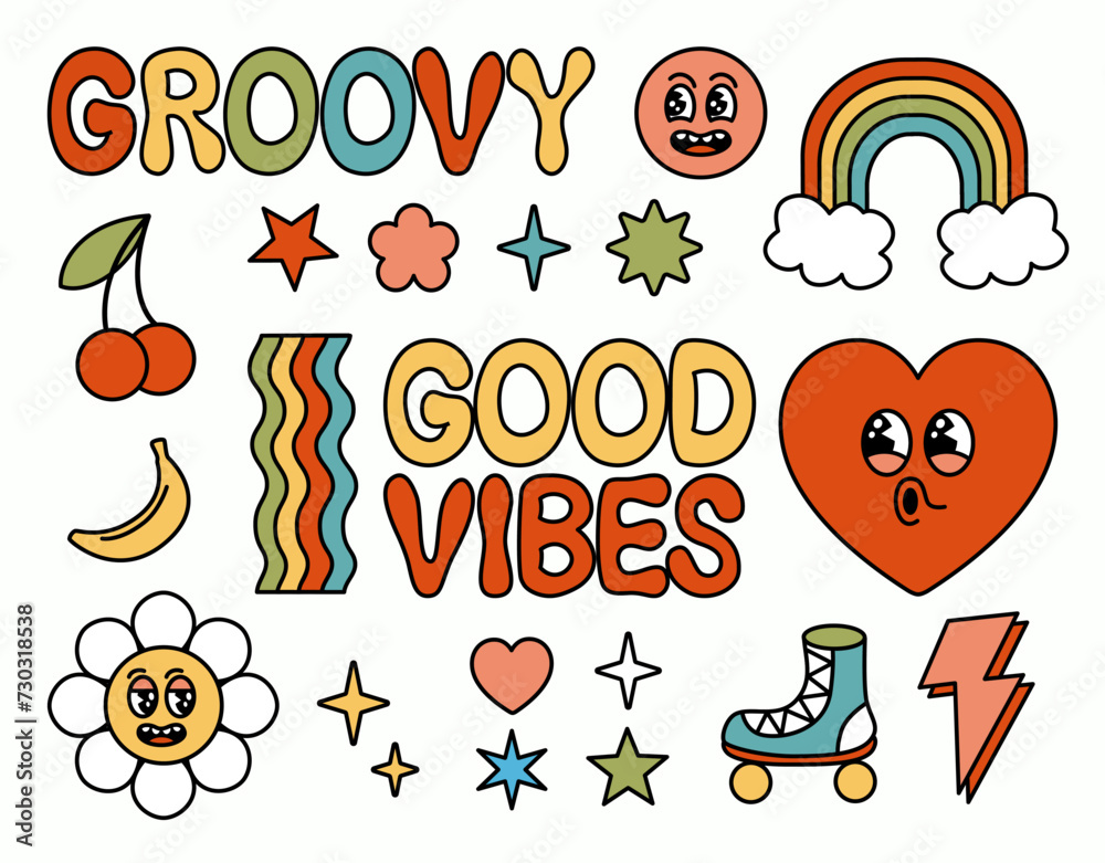 Groovy retro hippie elements set. Cartoon flower, rainbow, daisy, fruits, cute funny faces. Good vibes. 