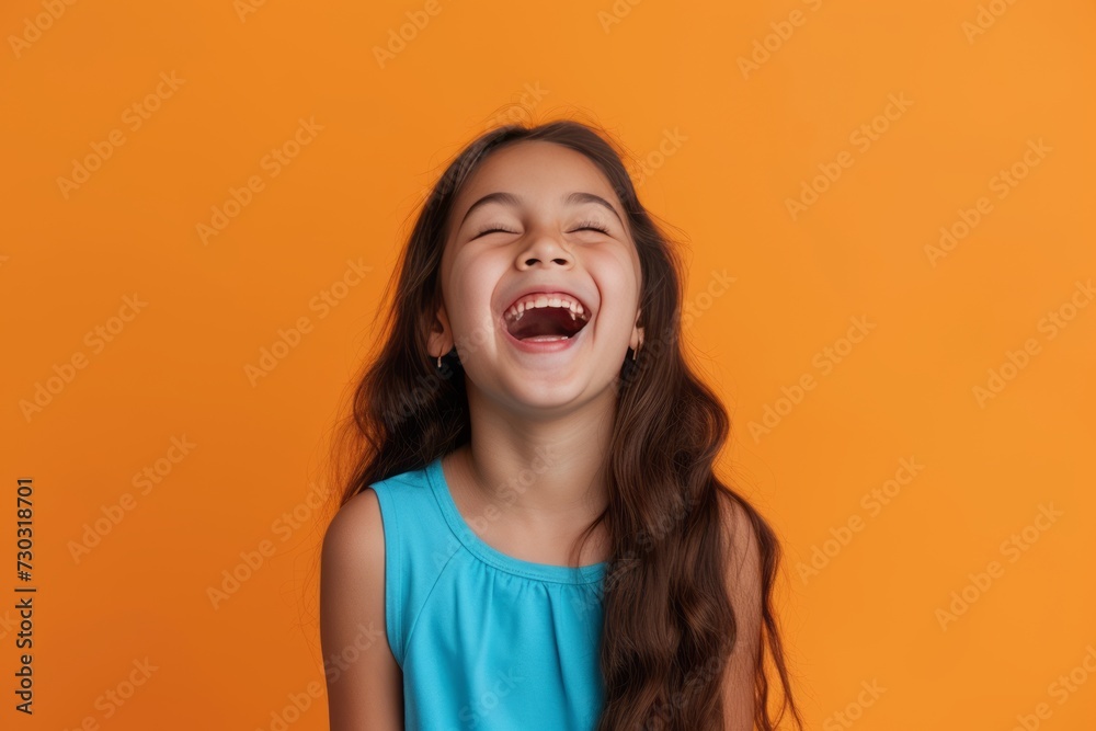 Joyful Radiance: Captivating Image of an Excited Girl in a Blue Top, Beaming with Smiles and Laughter Against an Isolated Orange Background, with Ample Empty Space for Creativity. generative ai Joyful Radiance: Captivating Image of an Excited Girl in a Blue Top, Beaming with Smiles and Laughter Against an Isolated Orange Background, with Ample Empty Space for Creativity. generative ai