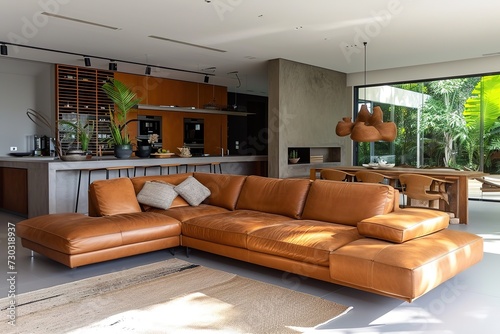 living room with brown leather sofa. © Azar
