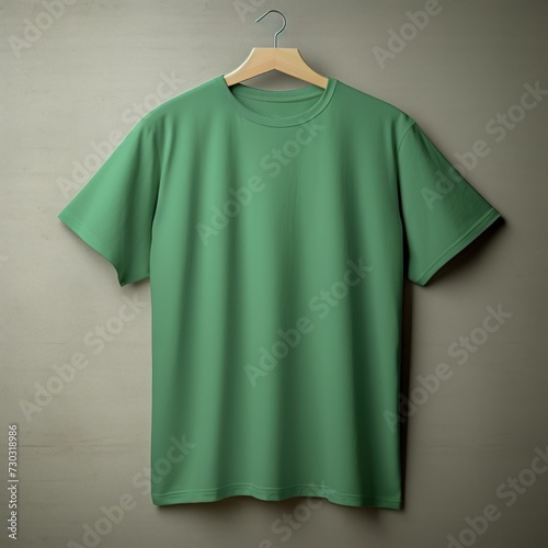 Green t shirt is seen against a gray wall