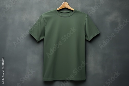 Green t shirt is seen against a gray wall
