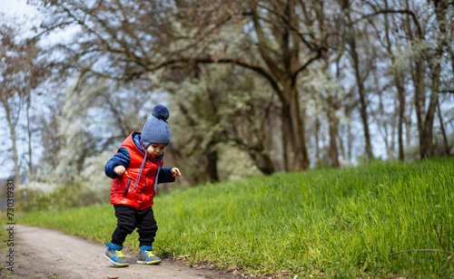 Small toddler boy and his mother walking in park on spring day.