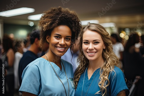 Portrait of two professional happy nurses standing in the office and looking at the camera. Doctor and nurse in hospital. Team of two doctors smiling standing in hospital corridor. photo