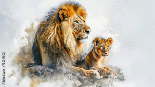 A proud and handsome African male lion lies in the savannah with his son  cub and looks into the distance. Illustration  drawing  portrait of lions in nature. Wild animal protection concept. Banner