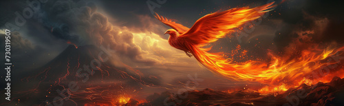 Majestic Phoenix Rising in Flight Above Erupting Volcano at Dusk: A Symbol of Rebirth for Mythological Themes and Inspirational Artwork