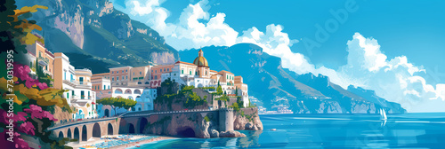Iconic Amalfi Coast Vista: Stylized Illustration of Cliffside Villages against Azure Seas Ideal for Travel Posters and Mediterranean Themes photo