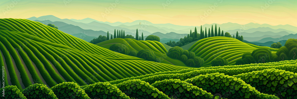 Verdant Vistas: Stylized Panorama of Piedmont Vineyards in Lush Hues, Perfect for Wine Connoisseurs and Art Collectors