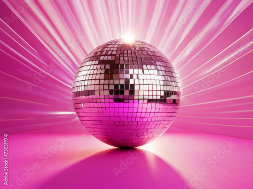 Sparkling disco ball on a bright pink background. Glare, reflections and neon light, fuchsia. Disco, party.