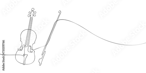 A single line drawing of a violin with bow. Continuous line violin icon. One line icon. Vector illustration