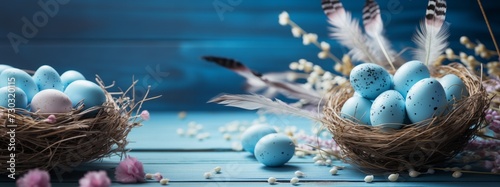 Easter eggs, feathers in a nest on a blue wooden background