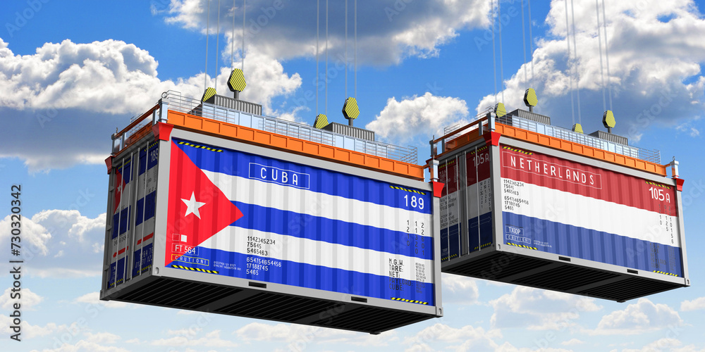 Shipping containers with flags of Cuba and Netherlands - 3D illustration