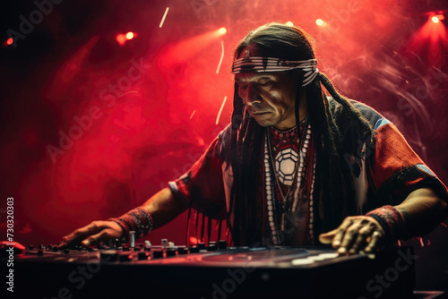 A Native American DJ skillfully mixing music on a turntable at a live event.