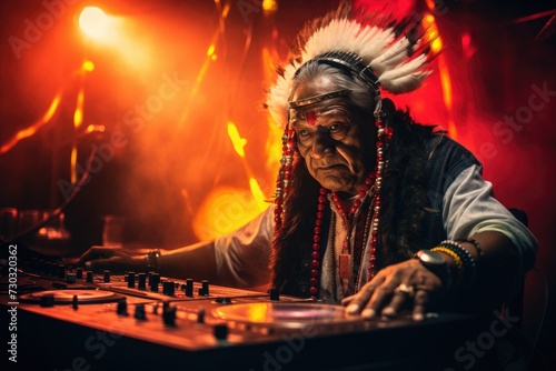 A Native American man energetically playing a DJ set, using turntables and mixing equipment to create music.