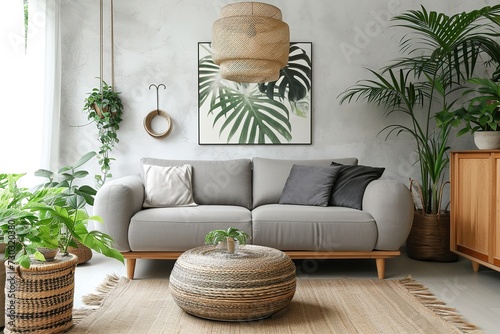 Scandinavian and design home interior of open space with wooden commode, gray sofa, design black rattan decoration, tropical leafs and elegant personal accessories. Stylish art home decor. Template.