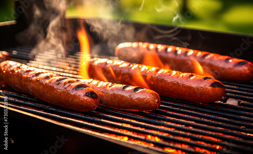 Hot dog sausages sizzle on the grill.