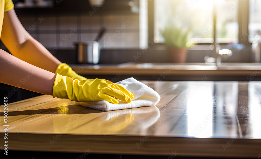A woman wearing rubber gloves is dusting.