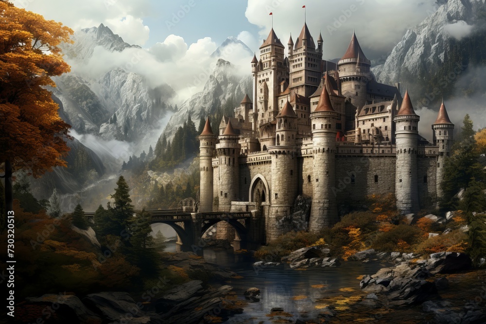 Gothic Medieval castle building. Forest old palace. Generate AI