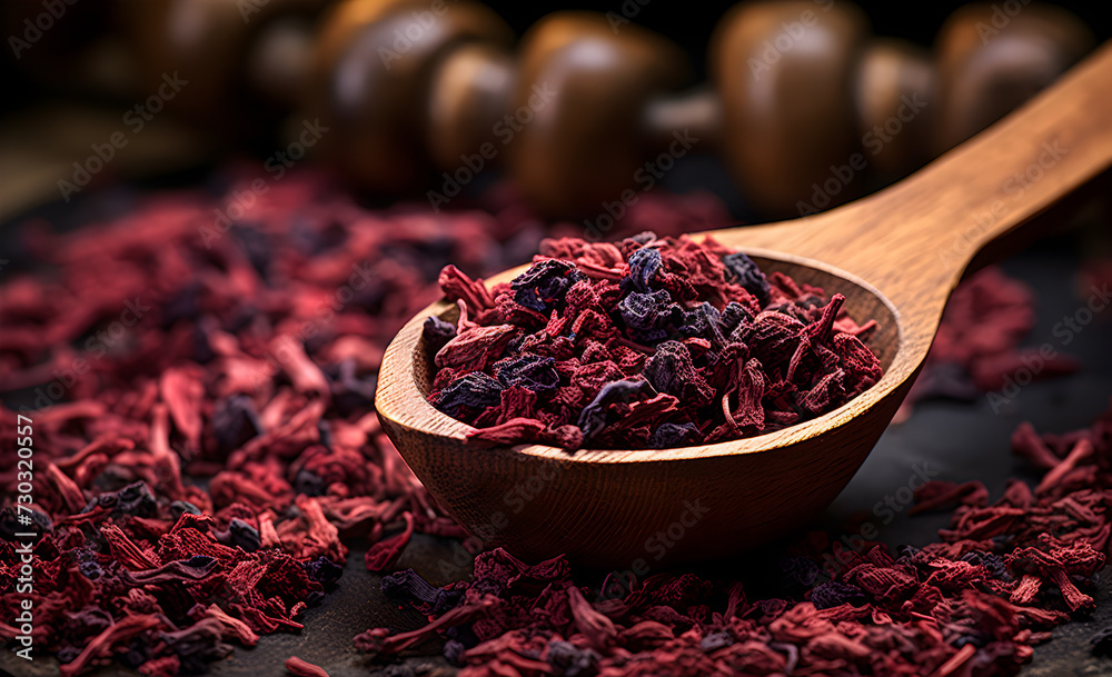 Wooden spoon with dry hibiscus tea close - up Wooden spoon with dry hibiscus tea close - up