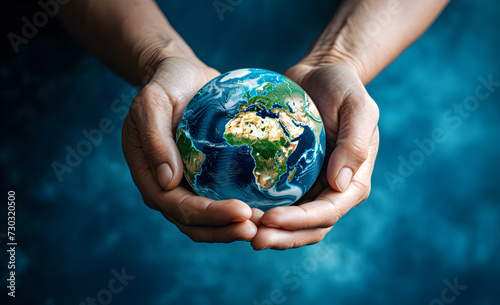 Hands holding a miniature Earth on a blue background.