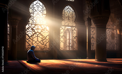 A lone man praying in a mosque.