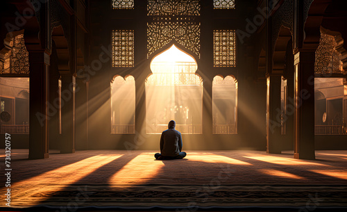 A lone man praying in a mosque.