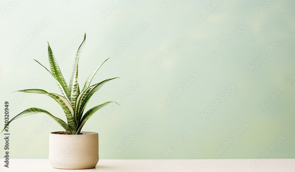 Houseplant in flowerpot on a table in front of blue background with copy space Houseplant in flowerpot on a table in front of blue background with copy space