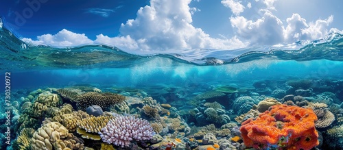 Underwater photoshoot of coral reef with waves and blue sky. photo