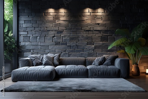 Stylish interior of room with comfortable big sofa near dark brick wall.
