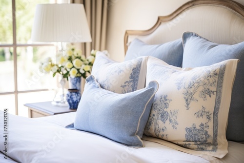 A bed with blue and white pillows and a lamp placed on a bedside table.