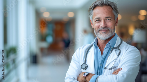A successful respectable doctor in a white uniform and a stethoscope stands against the background of light walls in a modern clinic. Portrait of a handsome smiling doctor. Healthcare industry concept