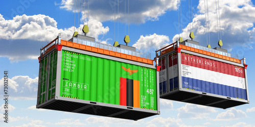 Shipping containers with flags of Zambia and Netherlands - 3D illustration