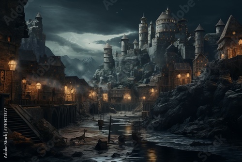 Medieval dark city. Urban town house. Generate Ai