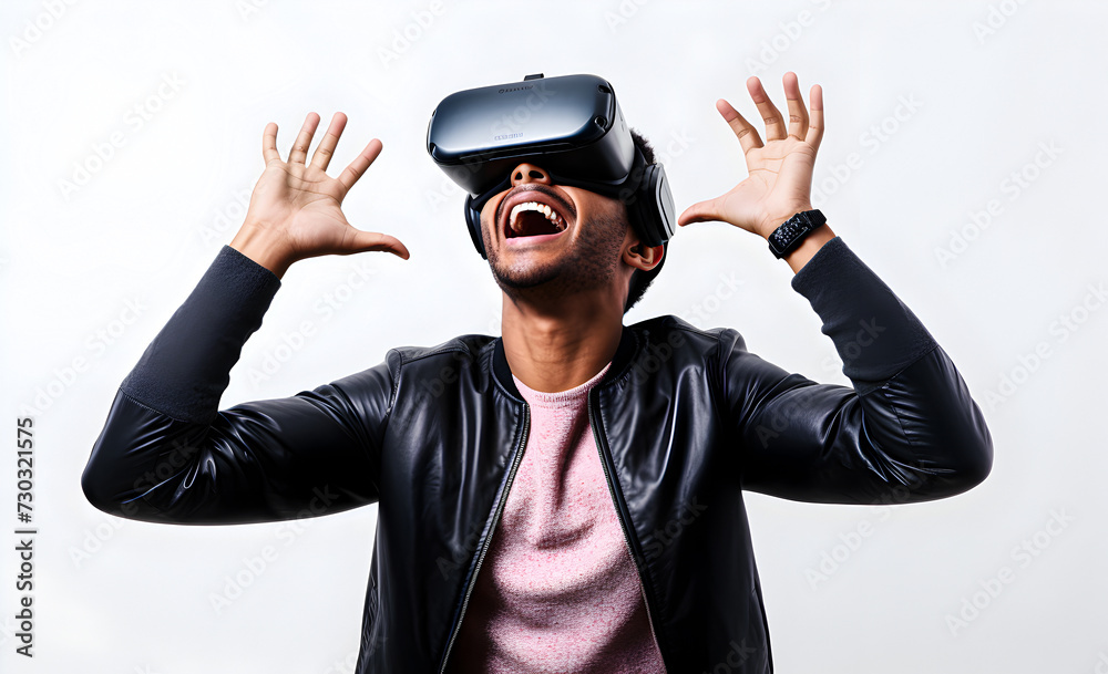 A guy using a VR augmented reality helmet.