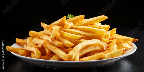 A plate of golden crispy French fries with each fry glistening in the soft lighting. Ai generated