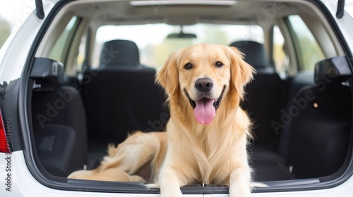 Joyful journey: Friendly retriever enjoys the ride in a white car's trunk.